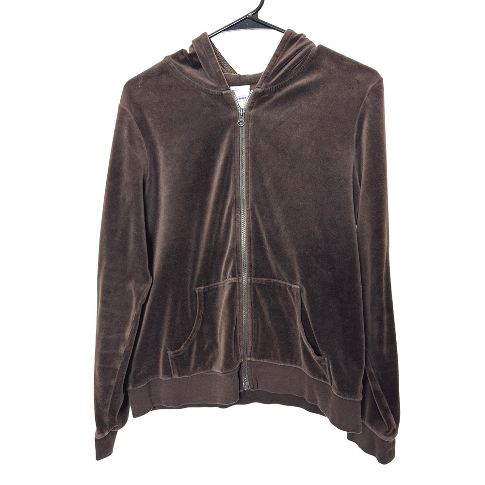 Y2K Old Navy Hoodie Womens L Brown Velour Zip Up Track‎ Jacket 90s casual retro